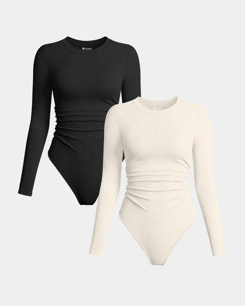 2 Piece Ruched Crew Neck Long Sleeve Stretch Bodysuits