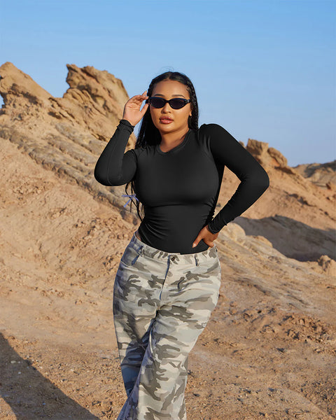 2 Piece Ruched Crew Neck Long Sleeve Stretch Bodysuits