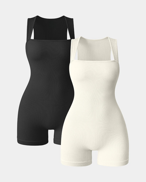 2 Piece Strappy Square Neck Yoga Stretch Romper