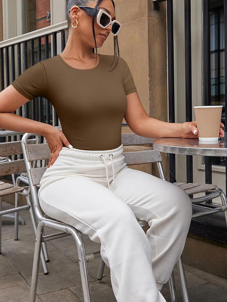 2 Piece Sexy Ribbed Short Sleeve Bodysuit